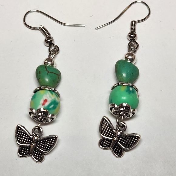Butterfly with Stone and clay bead earrings - Picture 2 of 2